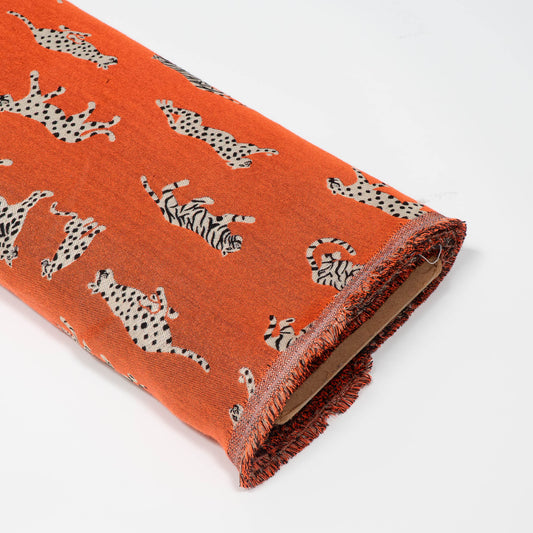 Orange Base Tiger Design Cotton Blend Jacquard Fabric for Garments/Furnishing | Width: 54"