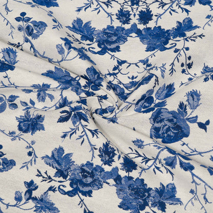 Blue & White Floral Cotton Blend Jacquard Fabric - 54" (137 cm)
