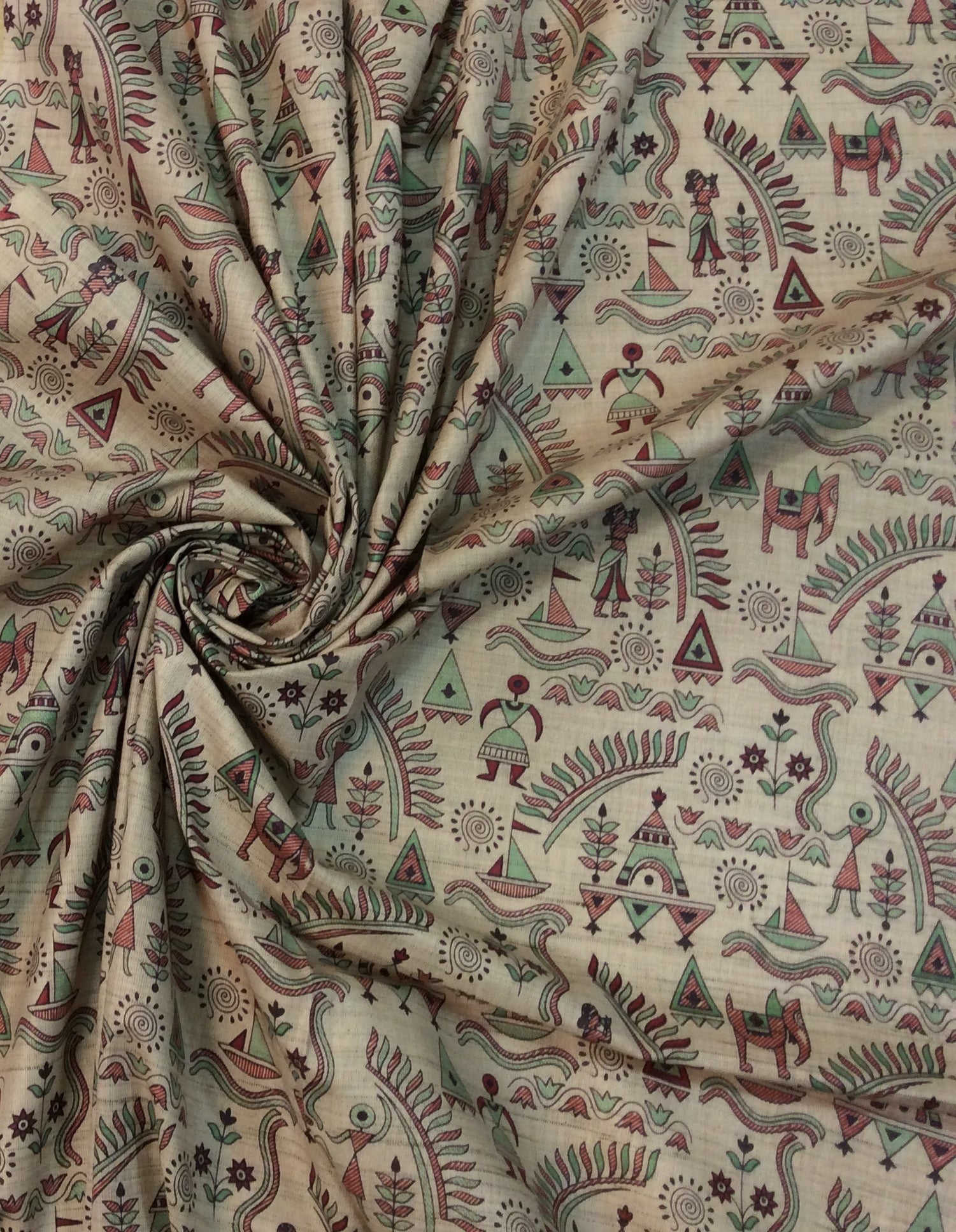 Brown And Green, Red Khadi Silk Print Fabric