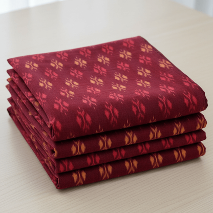 Maroon Color Mercerised Cotton Handloom Ikat Fabric for Dresses | Width: 44"