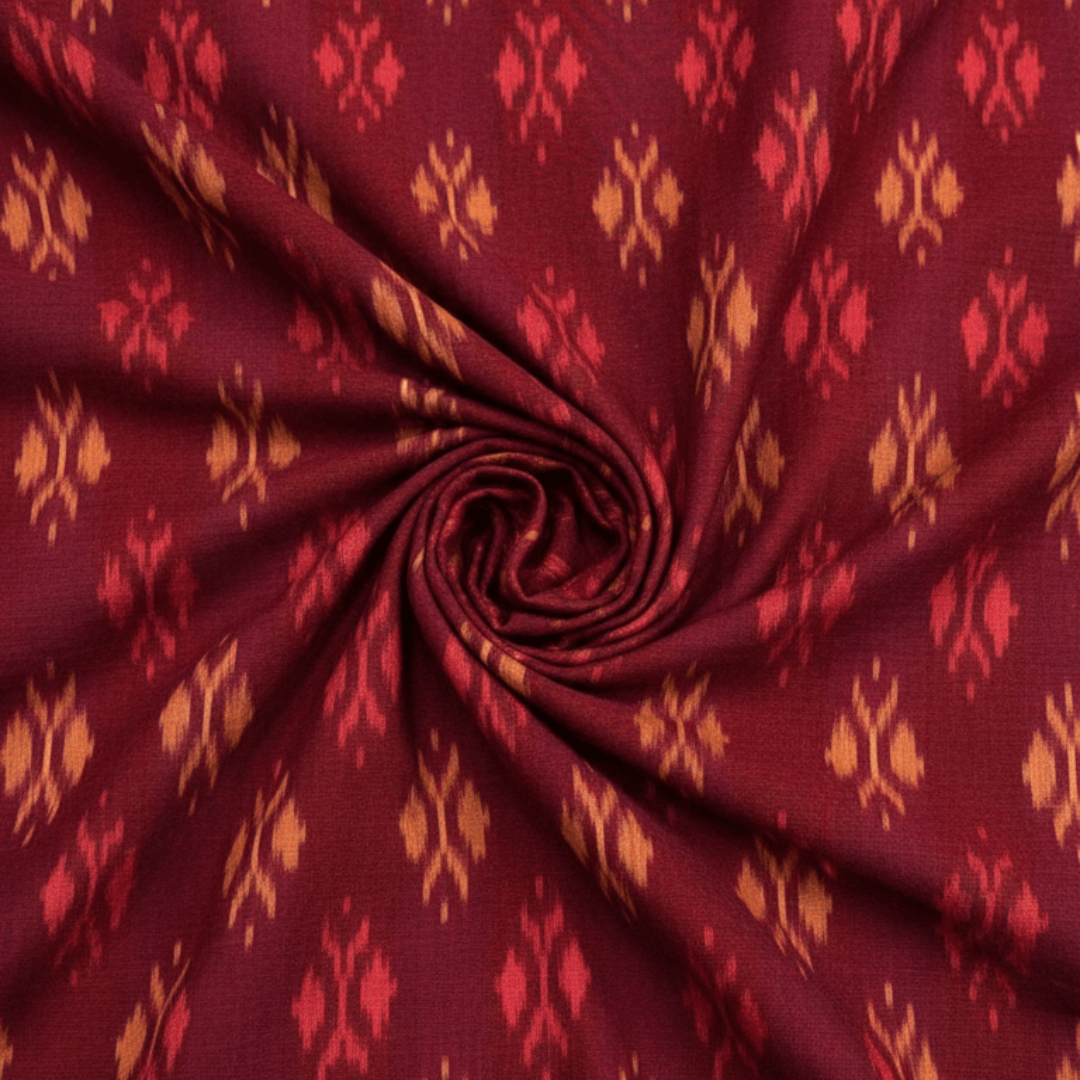 Maroon Color Mercerised Cotton Handloom Ikat Fabric for Dresses | Width: 44"