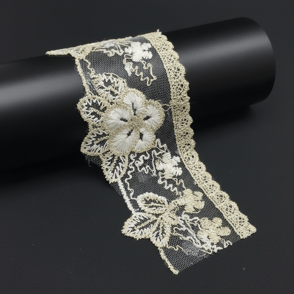 Golden & White Cotton Dyeable Net Embroidered Lace Set of 5 Meter | SKU: NL-30