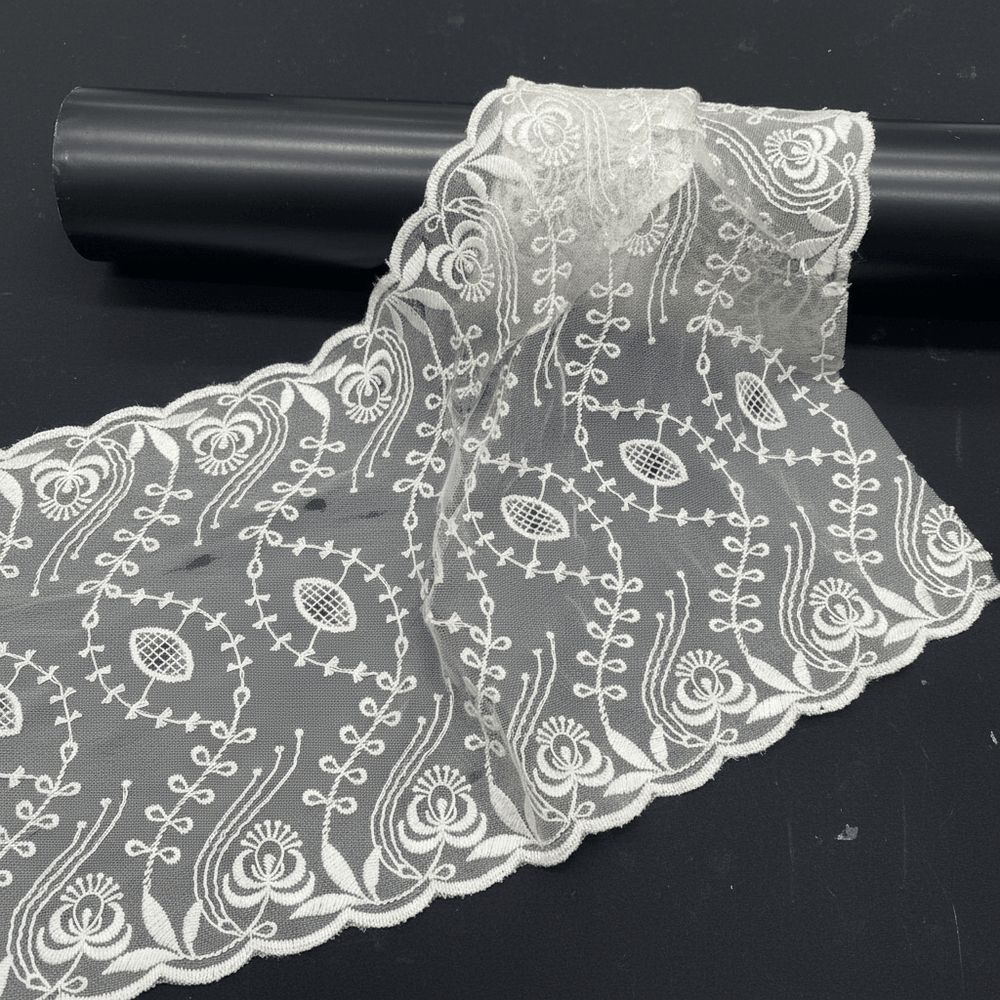 White Cotton Dyeable Net Embroidered Lace (Width : 7 Inch & Sku: NL-31)