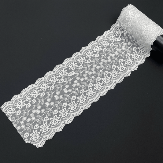 White Cotton Dyeable Net Embroidered Lace (Width : 8 Inch & Sku: NL-49)