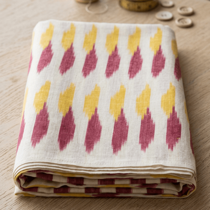 Off White, Yellow & Pink Design Fine Quality Cotton Handloom Ikat Fabric for Dress Material | Width: 44"