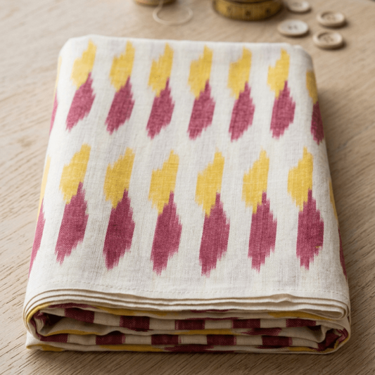Off White, Yellow & Pink Design Fine Quality Cotton Handloom Ikat Fabric for Dress Material | Width: 44"