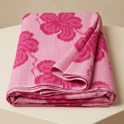 Pink Big Floral Design Fine Quality Handloom Cotton Ikat Fabric for Dresses | Width: 44"