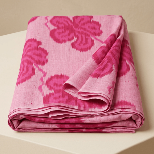 Pink Big Floral Design Fine Quality Handloom Cotton Ikat Fabric for Dresses | Width: 44"