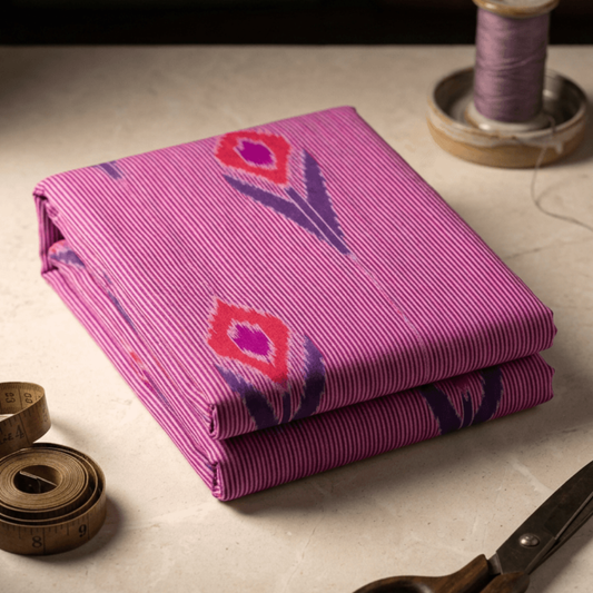 Purple Color Fine Quality Cotton Handloom Ikat Fabric for Dress Material | Width: 44"