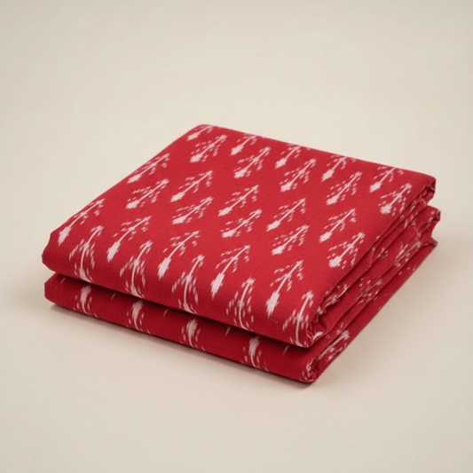 Red, White Design Mercerised Cotton Handloom Ikat Fabric for Dress Material | Width: 44"