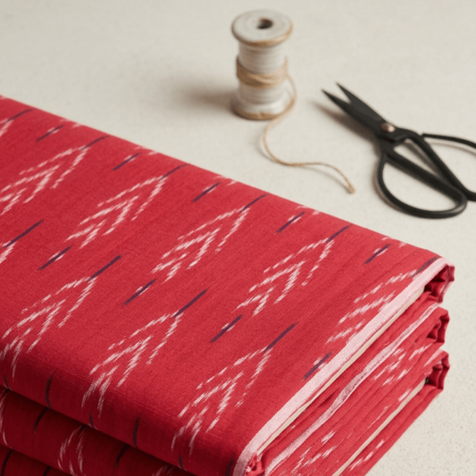 Red Design Fine Quality Cotton Handloom Ikat Fabric for Dress Material | Width: 44"