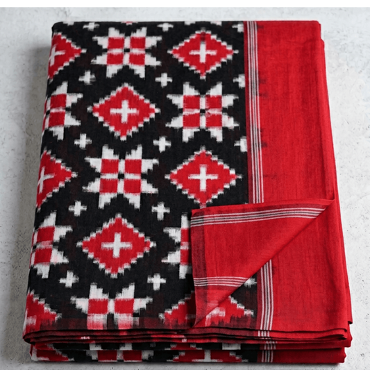 Red & Black Telia Rumal Mulmul Handwoven Cotton Ikat for Dress Material | Width: 44"