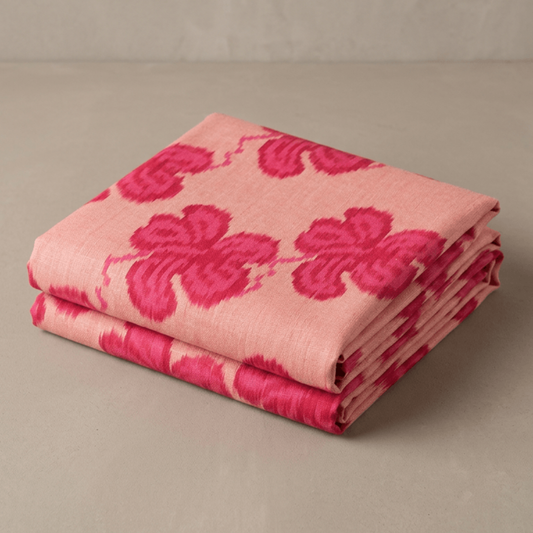 Red & Pink Big Floral Pattern Fine Quality Handloom Cotton Ikat Fabric for Dresses | Width: 44"