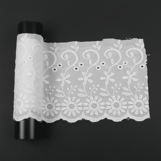 White Cotton Dyeable Schiffli Lace (Width : 4 Inch & Sku: S-36)
