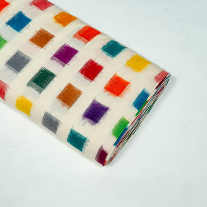 White Base Multicolor Square Design Cotton Handloom Double Ikat Fabric for Dresses | Width: 44"