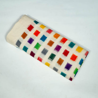 White Base Multicolor Square Design Cotton Handloom Double Ikat Fabric for Dresses | Width: 44"