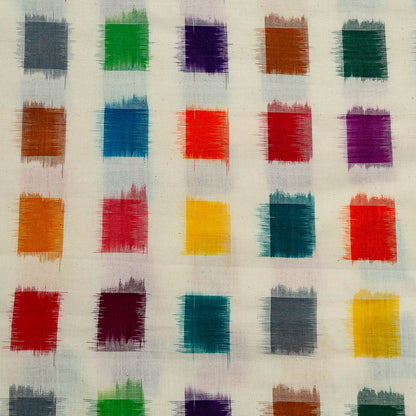 White Base Multicolor Square Design Cotton Handloom Double Ikat Fabric for Dresses | Width: 44"