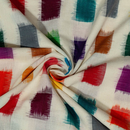 White Base Multicolor Square Design Cotton Handloom Double Ikat Fabric for Dresses | Width: 44"