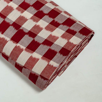 Red & White Checks Handwoven Cotton Double Ikat Fabric for Dress Material | Width: 44"