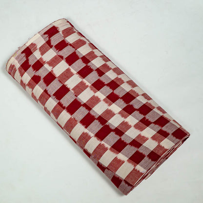 Red & White Checks Handwoven Cotton Double Ikat Fabric for Dress Material | Width: 44"