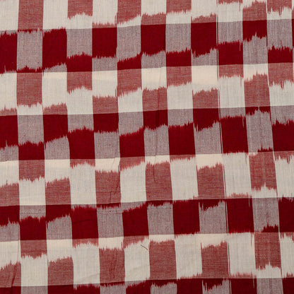 Red & White Checks Handwoven Cotton Double Ikat Fabric for Dress Material | Width: 44"