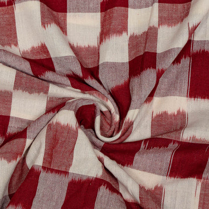 Red & White Checks Handwoven Cotton Double Ikat Fabric for Dress Material | Width: 44"