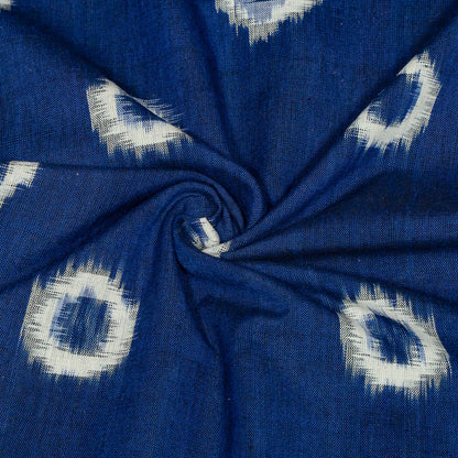 Blue & White Circle Handwoven Cotton Double Ikat Fabric for Dress Material | Width: 44"