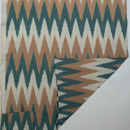White, Green & Beige Chevron Heavyweight Thick Cotton Handloom Ikat Fabric for Jackets & Upholstery | Width: 44"