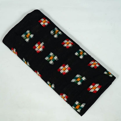 Black Base Multicolor Checks Cotton Handloom Double Ikat | 1 Meter (SKU: IKK-610)