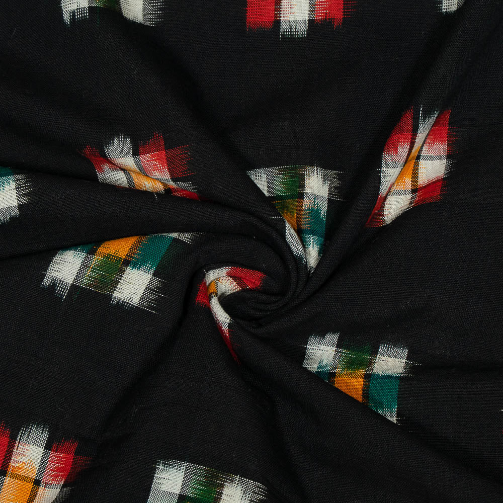 Black Base Multicolor Checks Cotton Handloom Double Ikat (SKU: IKK-610)