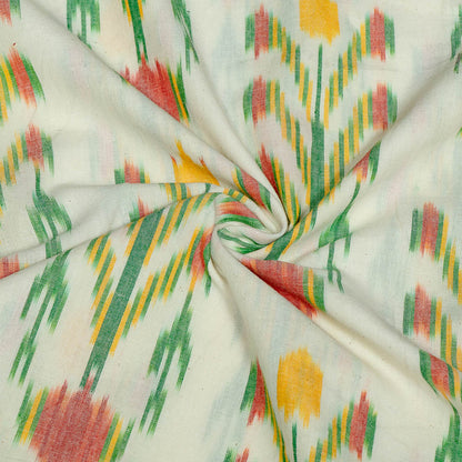 White Base Big Design Handloom Fine Quality Cotton Ikat Fabric for Dress Material | Width: 44"