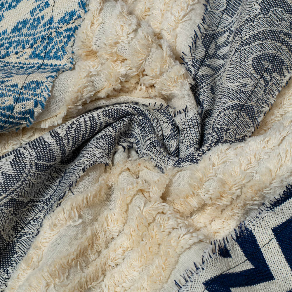 White & Blue Patchwork with Tuftting Cotton Jacquard (SKU: J-553)