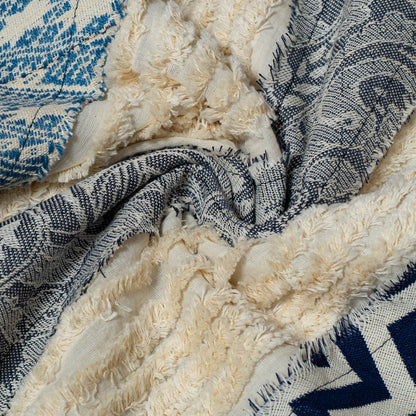 White & Blue Patchwork with Tuftting Cotton Jacquard | SKU: J-553