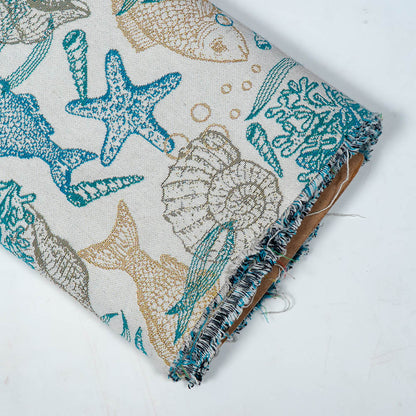 White Base With Fish Design On Cotton Jacquard Fabric for Jackets | SKU: JDD-468