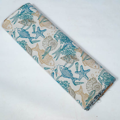 White Base With Fish Design On Cotton Jacquard Fabric for Jackets | SKU: JDD-468