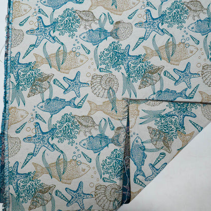 White Base With Fish Design On Cotton Jacquard Fabric for Jackets | SKU: JDD-468
