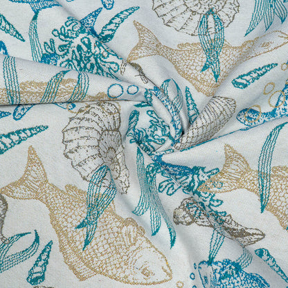 White Base With Fish Design On Cotton Jacquard Fabric for Jackets | SKU: JDD-468