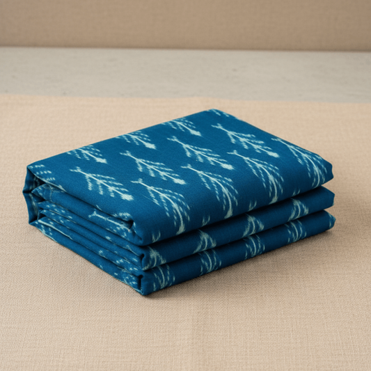 Teal Blue Design Fine Quality Mercerised Cotton Handloom Ikat Fabric for Dress Material | Width: 44"
