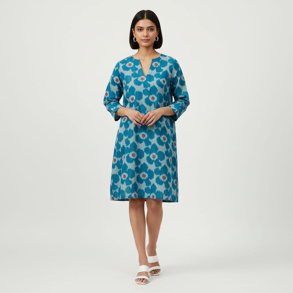 Blue base Big Floral Cotton Handloom Ikat (SKU: IKK-612)