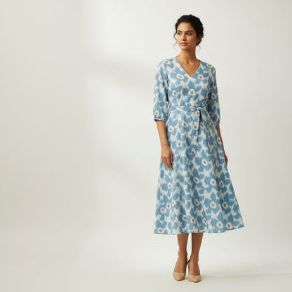 Blue, Off White Floral Fine Quality Cotton Handloom Ikat | SKU: IKK-636