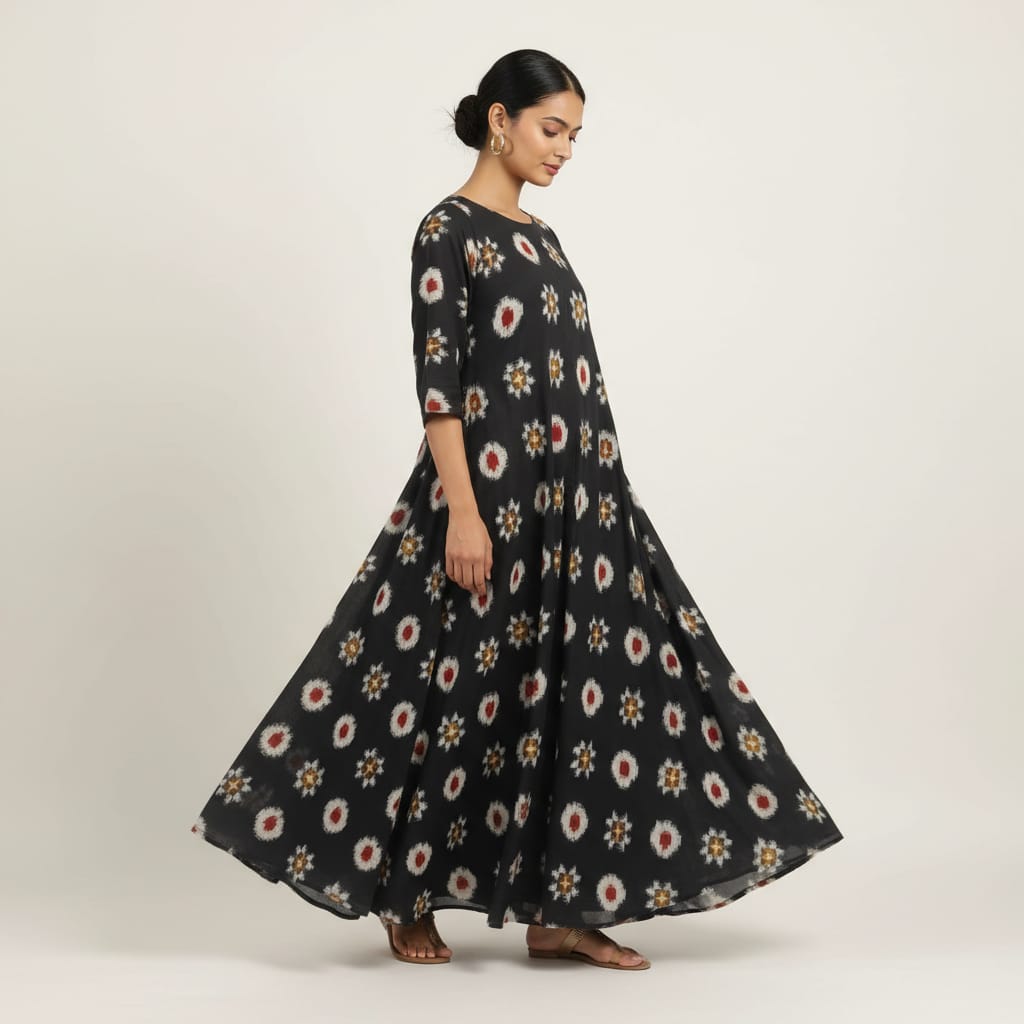 Black Base Cotton Handwoven Double Ikat (Width: 44 inches or 112 cm)