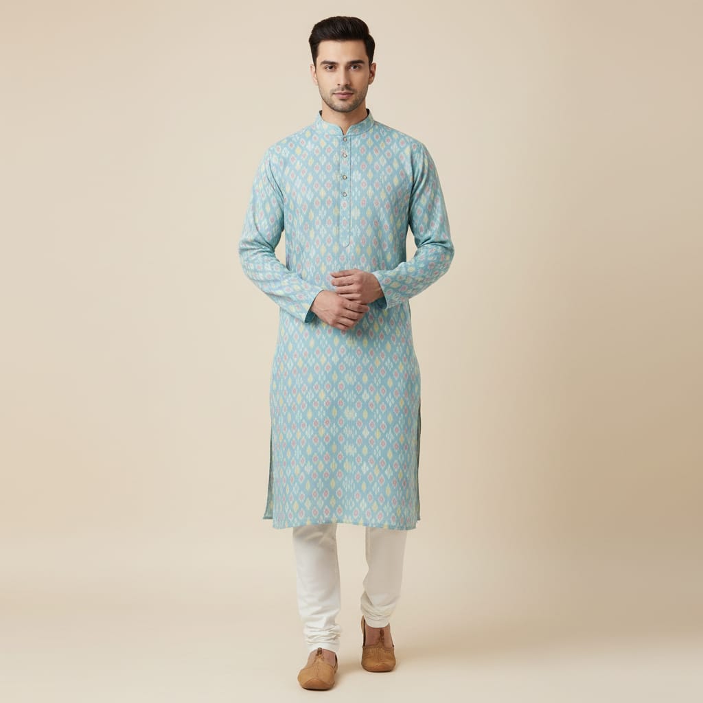 Blue Base Multicolor Silk (50%) Cotton (50%) Blend Handwoven Ikat (Width: 44 inches or 112 cm)