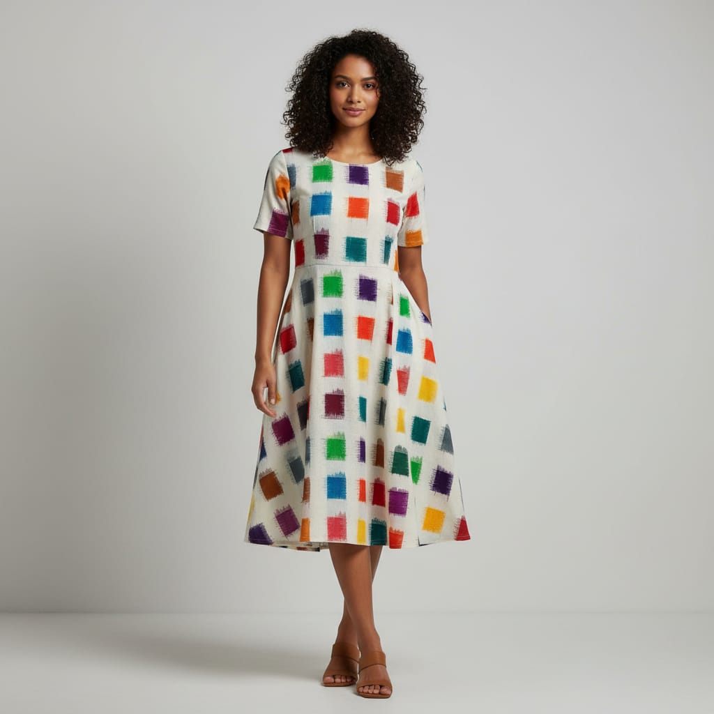 White Base Multicolor Square Design Cotton Handloom Double Ikat (SKU: IKK-501)