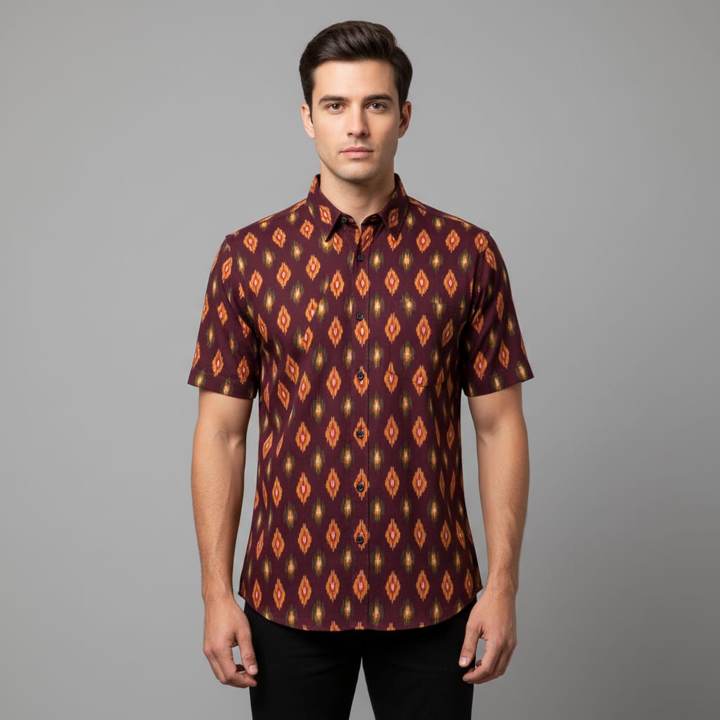 Multi Color Pattern on Maroon Base Fine Quality Cotton Handloom Ikat (Sku: IKK-414)