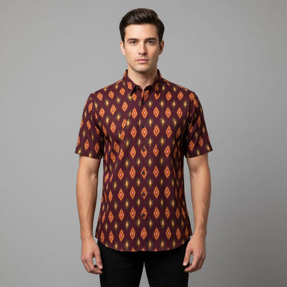 Multi Color Pattern on Maroon Base Fine Quality Cotton Handloom Ikat (Sku: IKK-414)