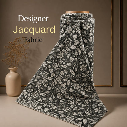 Grey Floral Design Cotton Velvet Blend Heavy Jacquard Fabric for Furnishing | SKU: JDD-519