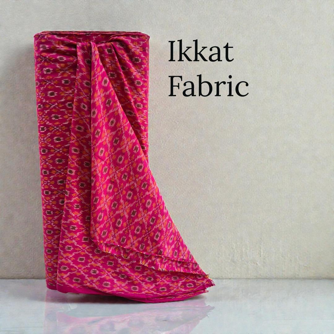 Pink base Multicolor Handloom Cotton Silk Ikat Fabric for Dress Material | Width: 44"