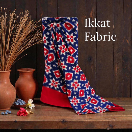 Blue & Red Telia Rumal Handwoven Fine Cotton Ikat Fabric for Dress Material | Width: 44"
