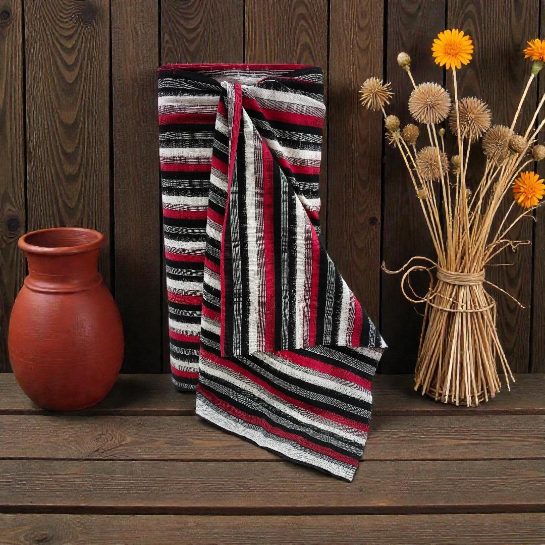 Red, Black & White Stripe Handwoven Cotton Double Ikat Fabric for Dresses | Width: 44"
