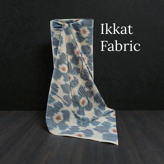 Blue & Off White Floral Cotton Handloom Ikat Fabric for Dress Material | Width: 44"